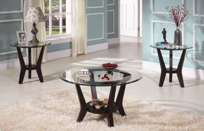Brown Cherry Coffee Table & End Tables 3PC Set w/Clear Glass Top
