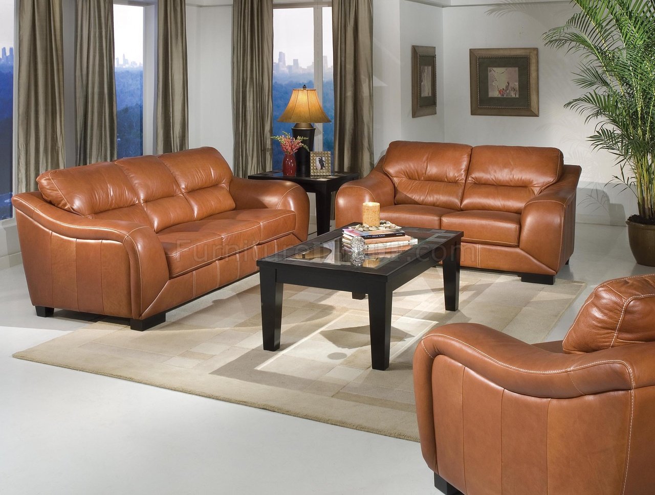 Chestnut Leather Contemporary Living Room w/Waterfall Arms - Click Image to Close