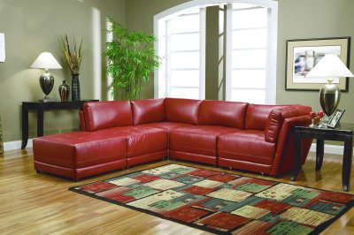 Red Bonded Leather Contemporary Sectional Sofa W/Tufted Seats