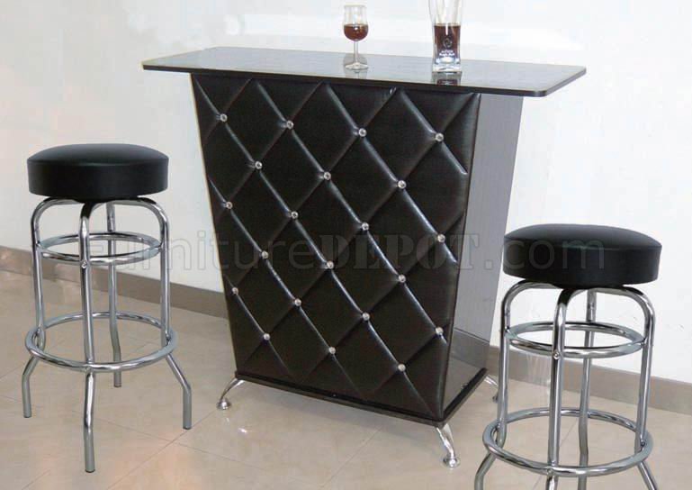 Black Modern Bar Table W Chromed Legs, Black Glass Bar Table And Stools