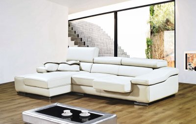 White Full Leather Modern Sectional Sofa w/Adjustable Headrests