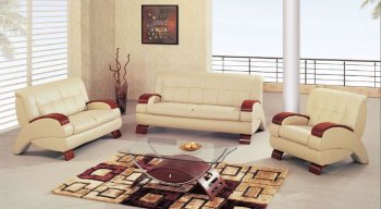 Beige Leather Modern Living Room W/Cherry Wooden Arms [GFS-9215 Beige]