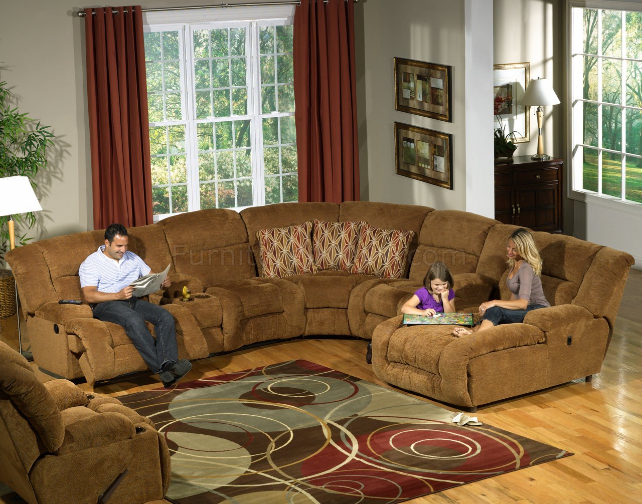 Camel Fabric Enterprise 4pc Reclining Sectional Sofa w/Options - Click Image to Close