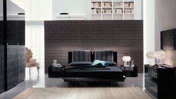 Black Lacquered Finish Modern Bedroom With Leather Details [Rossetto-Diamond Black]