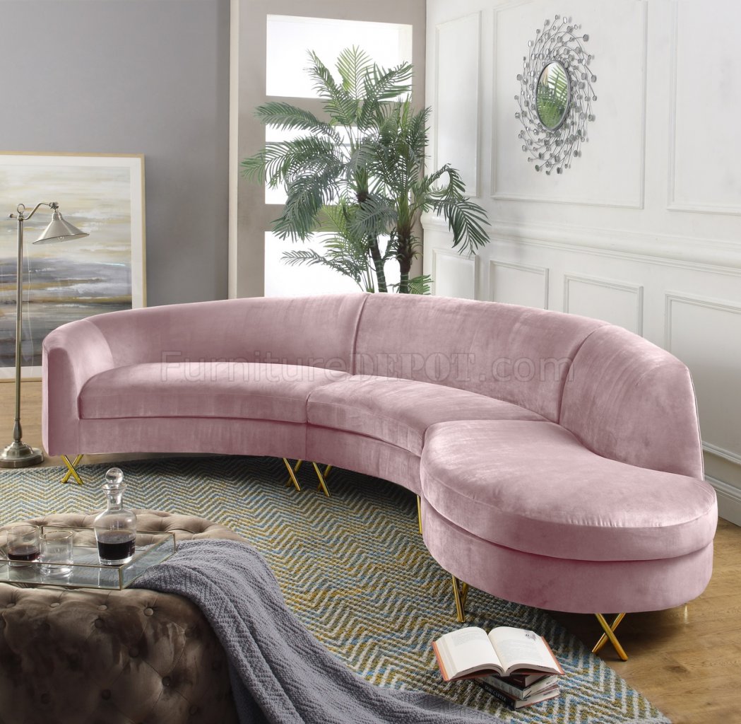 Serpentine Sectional Sofa 671 in Pink Velvet Fabric by