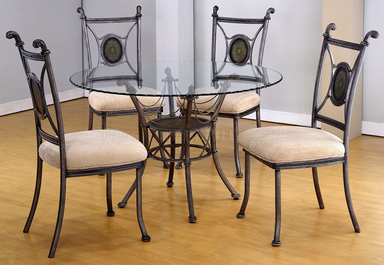 Round Glass Top Modern 5Pc Dining Set w/Gun Metal Base - Click Image to Close