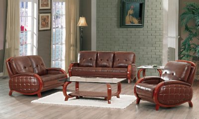 Button Tufted Marbled Leather Living Room Sofa W/Cherry Legs