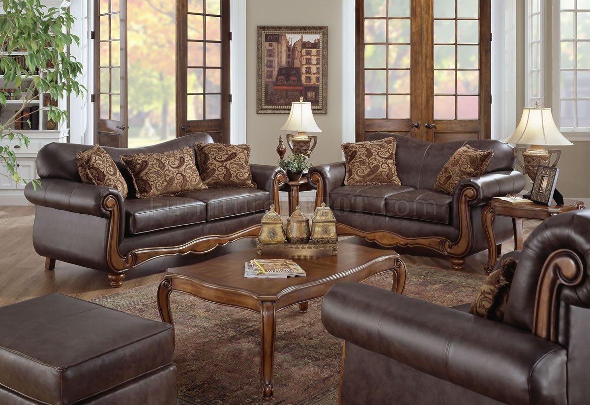 Brown Bonded Leather Traditional Sofa & Loveseat Set w/Options - Click Image to Close