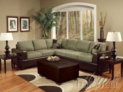 Two-Tone Pebble Fabric & Brown Bycast Leather Sectional Sofa