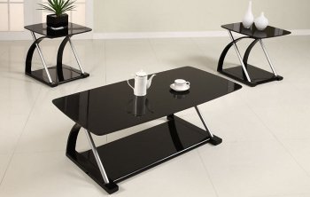 Black Glass Modern 3PC Coffee Table Set w/Metal Frame [PXCT-F3092]