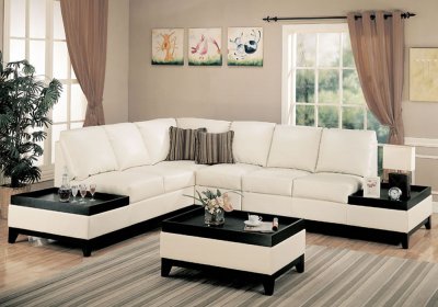 Cream Full Bonded Leather Modern Sectional Sofa w/Side Tables