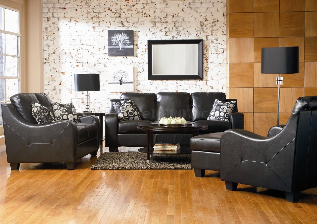 Black Bonded Leather Modern Living Room Sofa w/Sloped Arms - Click Image to Close