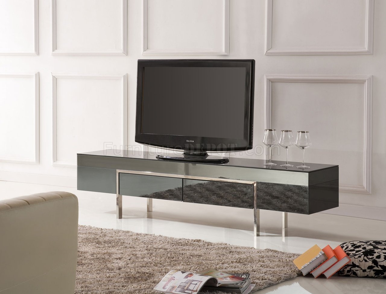 Black High Gloss Laquer Finish Modern TV Stand w/Metal Legs - Click Image to Close