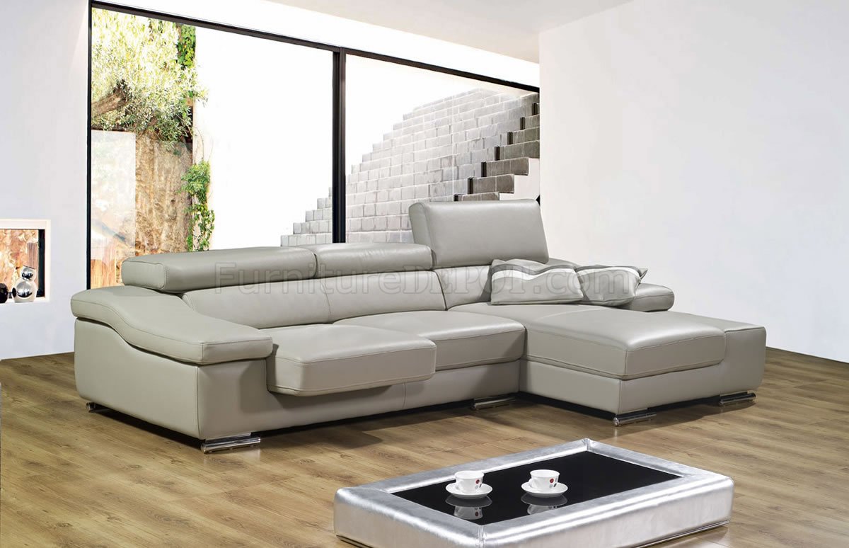 Grey Full Leather Modern Sectional Sofa w/Adjustable Headrests - Click Image to Close