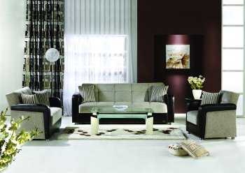 Brown & Black Microfiber Contemporary Living Room w/Storage [IKSB-VISION-Aristo Light Brown]