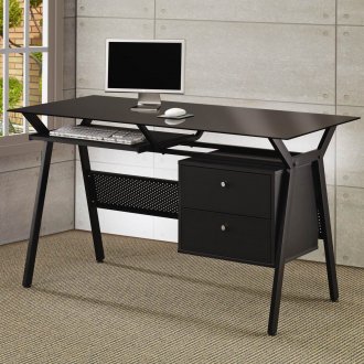 Black Metal & Glass Modern Home Office Desk w/2 Storage Drawer