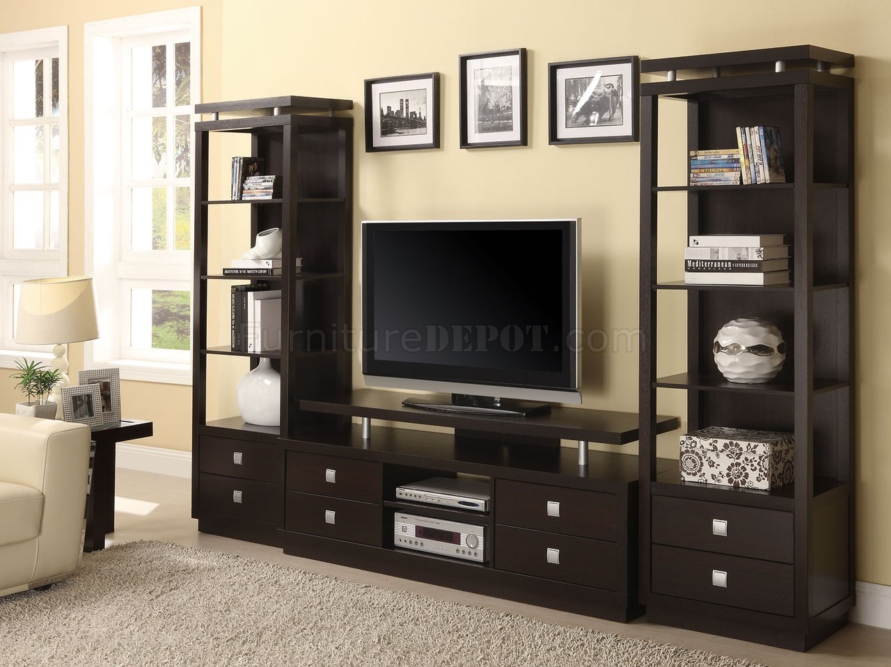 700696 Cappuccino TV Stand by Coaster w/Media Towers - Click Image to Close
