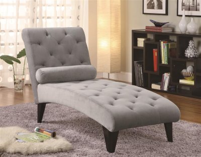 Grey Velour Fabric Modern Chaise Lounger w/Bolster Pillow