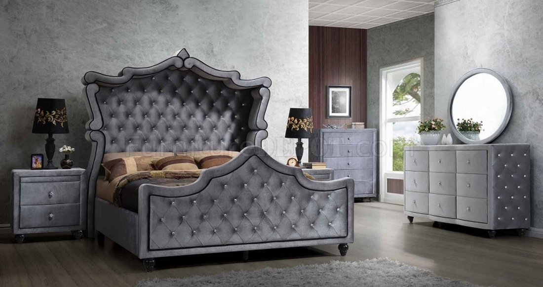Hudson Bedroom In Grey Velvet Fabric W, Grey Queen Size Bedroom Sets