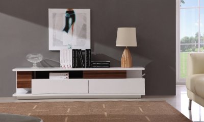 White Lacquer Finish Modern TV Stand w/Two Large Drawers