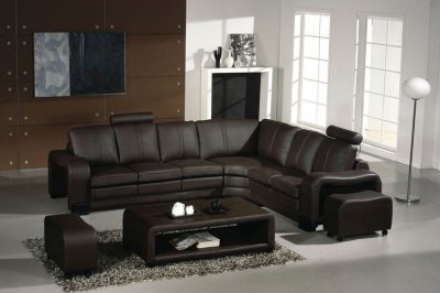 3330 Espresso Leather Modern Sectional Sofa w/Coffee Table