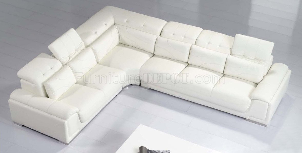 White Full Leather Modern Sectional Sofa w/Adjustable Headrests - Click Image to Close