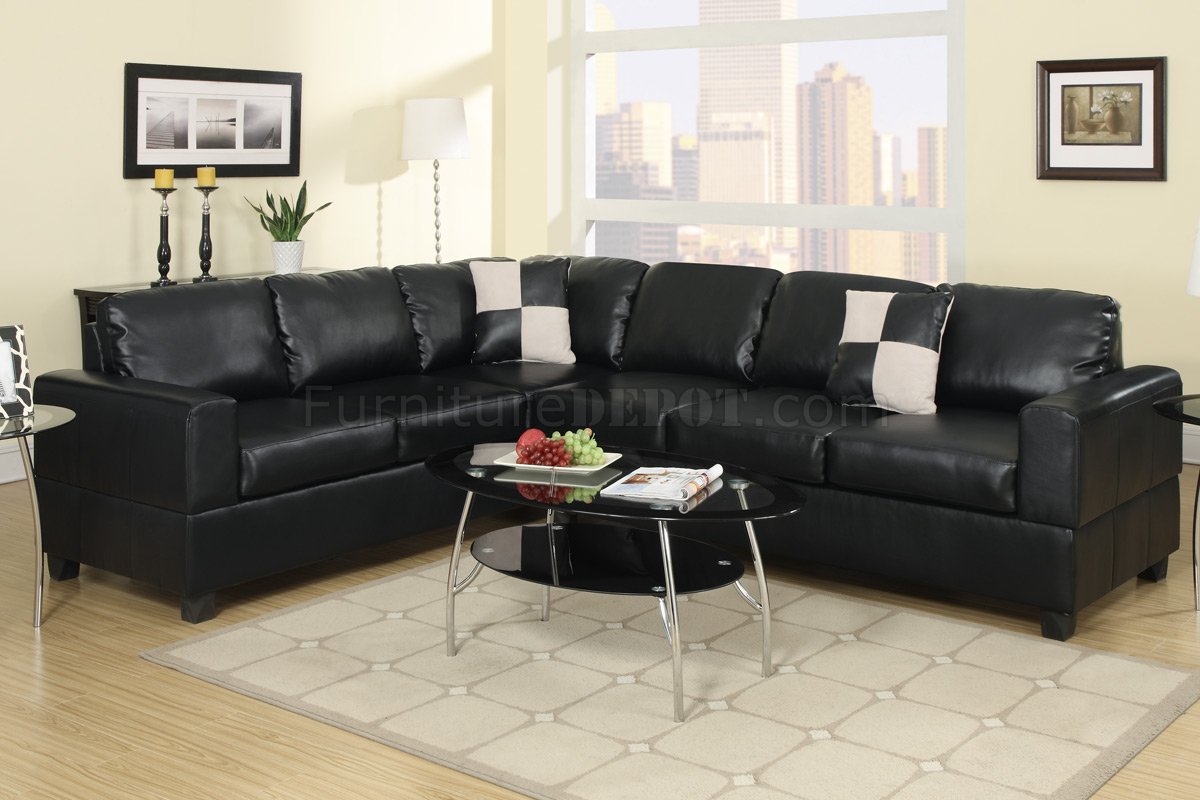 F7630 Sectional Sofa In Black Faux, Faux Leather Sectional Couch