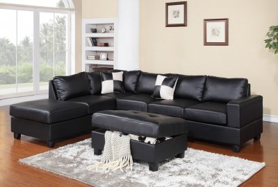G303 Sectional Sofa w/Ottoman in Black Bonded Leather by Glory