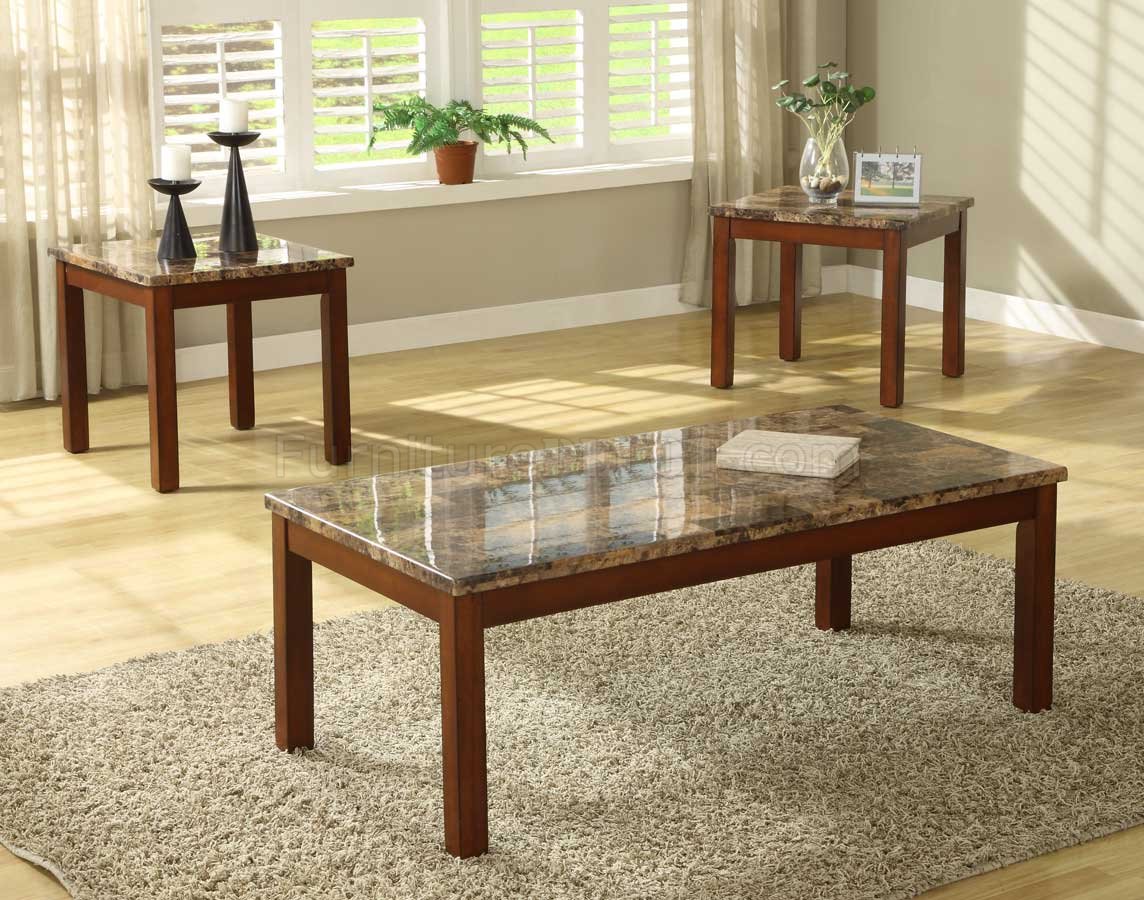 Cherry Finish Modern 3Pc Coffee Table Set w/Faux Marble Top - Click Image to Close