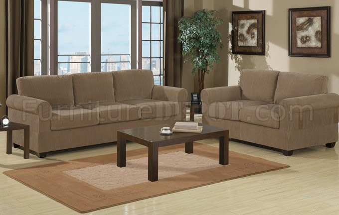 Tan Corduroy Fabric Modern Sofa & Loveseat Set w/Wooden Legs - Click Image to Close