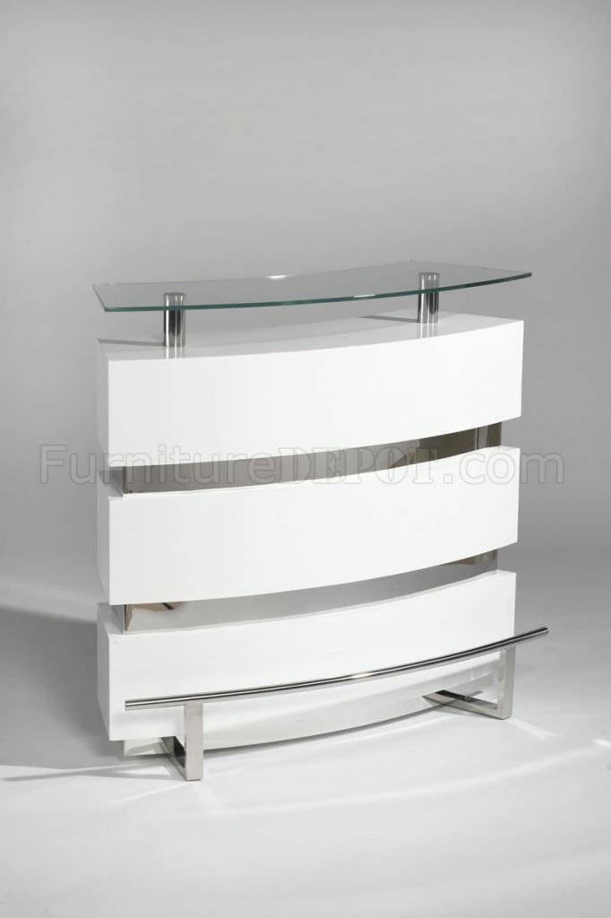 Gloss White & Silver Tone Modern Bar Unit w/Glass Top - Click Image to Close
