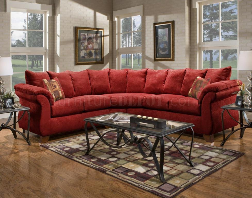 Red Fabric Modern 2Pc Sectional Sofa w/Wooden Legs - Click Image to Close