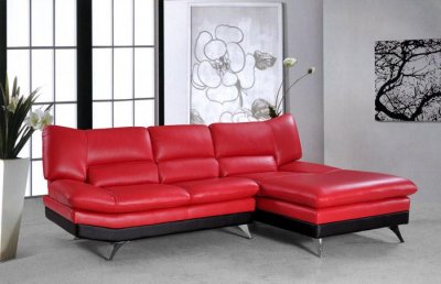 Red Leather Modern Sectional Sofa w/Black Base