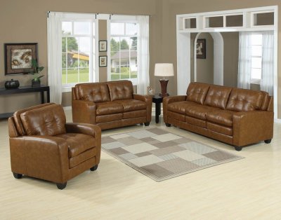 Caramel Bonded Leather Modern Sofa & Loveseat Set w/Options