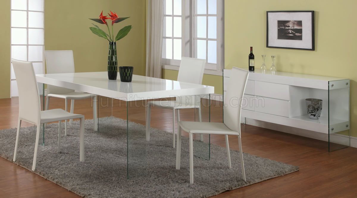 White Lacquered Top Dining Table w/Glass Legs & Optional Chairs - Click Image to Close