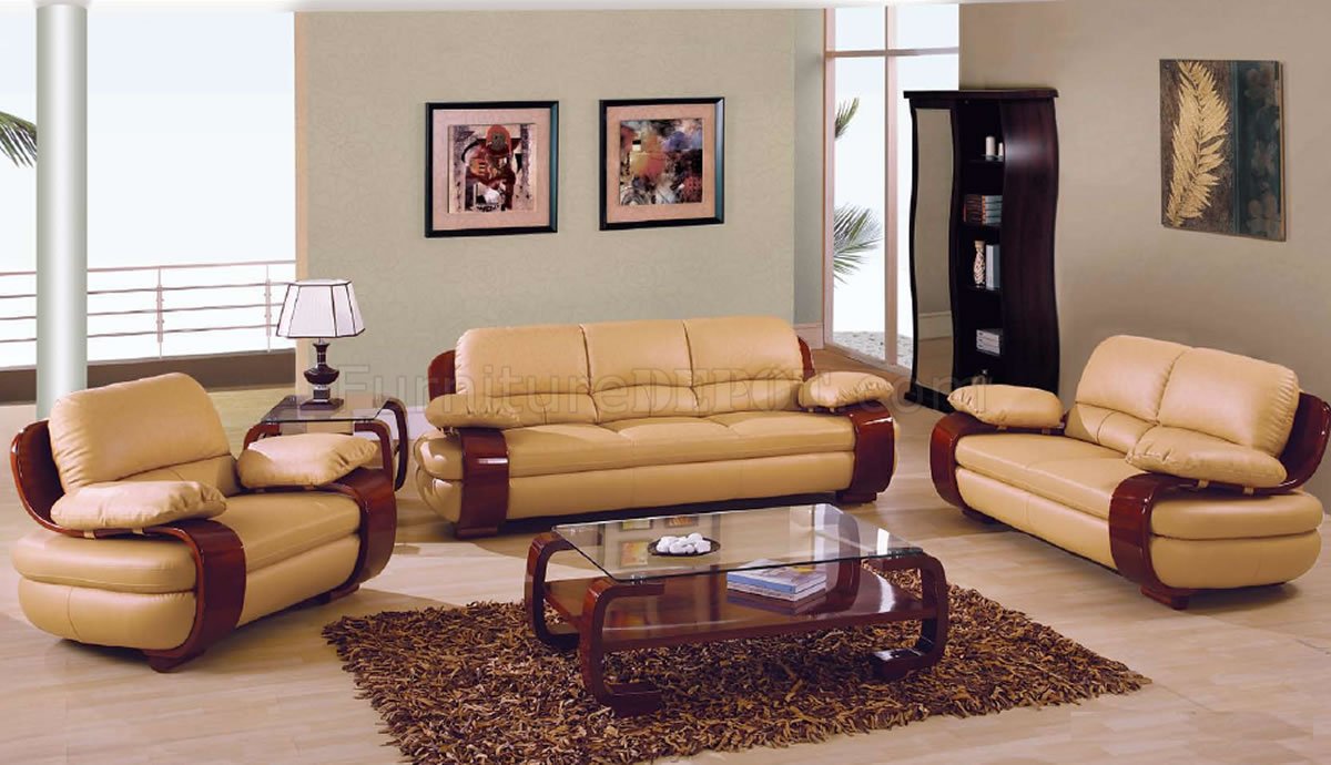 Tan Leather Modern Living Room W/Cherry Wooden Arms - Click Image to Close