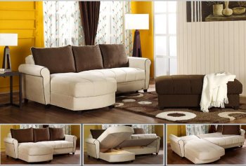 Beige Fabric Small Sectional w/Storage & Optional Brown Ottoman [MNSS-Bali]