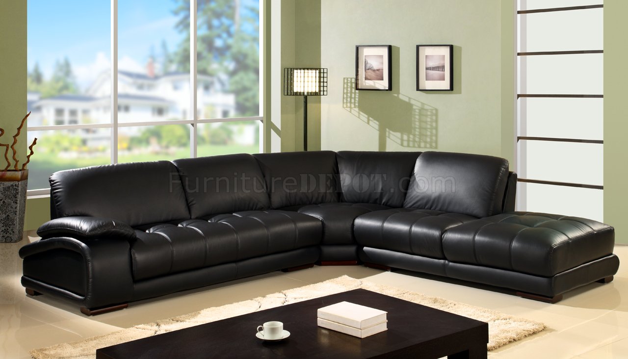 Black Bonded Leather Modern Sectional Sofa w/Wooden Legs - Click Image to Close