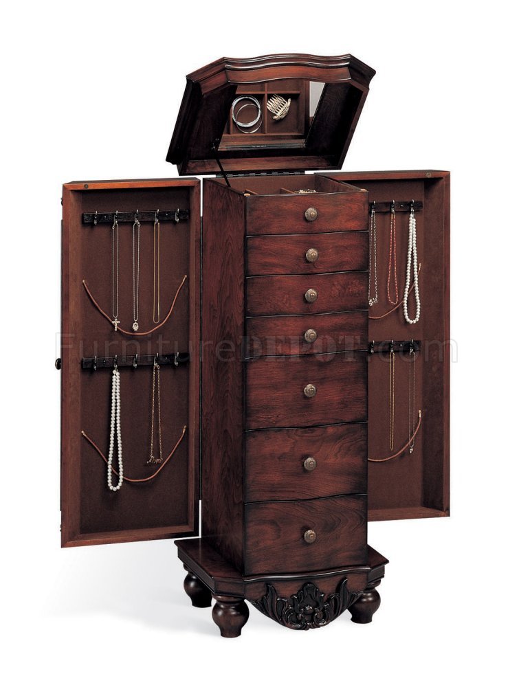 Antique Cherry Finish Stylish Jewelry Armoire w/Flip Top Mirror - Click Image to Close
