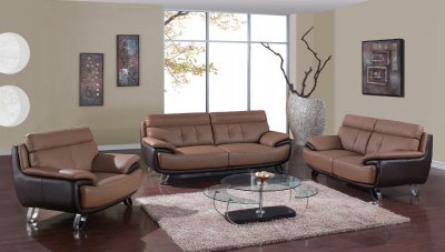 Tan & Brown Two-Tone Bonded Leather Modern Sofa & Loveseat Set