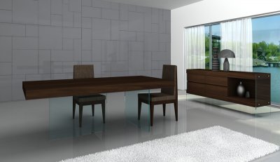Chocolate Finish Modern Dining Table w/Glass Base & Options