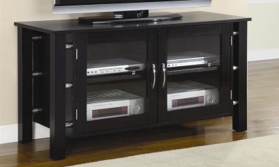 Black Finish Contemporary Elegant TV Stand W/Clear Glass Doors
