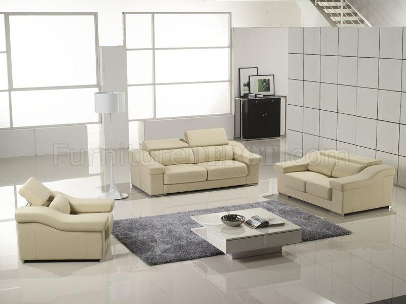 Cream Full Leather 3PC Living Room Set w/Adjustable Headrests