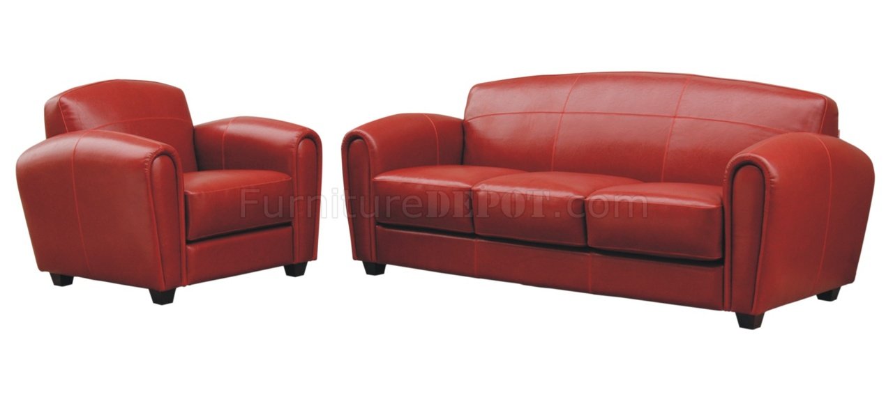 Red Full Leather Sofa 2 Chairs Set, Leather Sofa And 2 Chairs