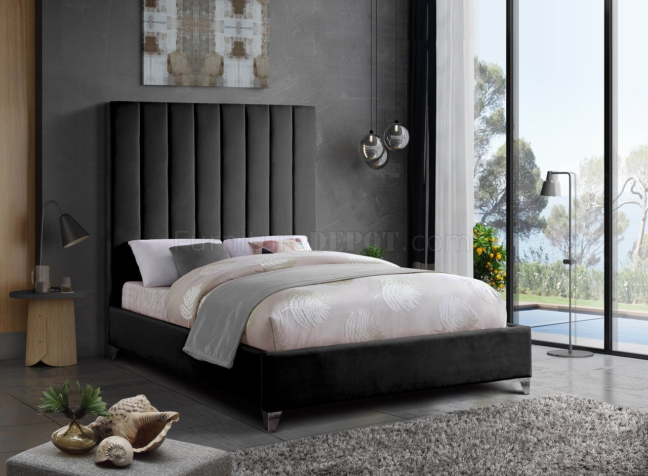 Via Upholstered Bed in Black Velvet Fabric by Meridian - Click Image to Close