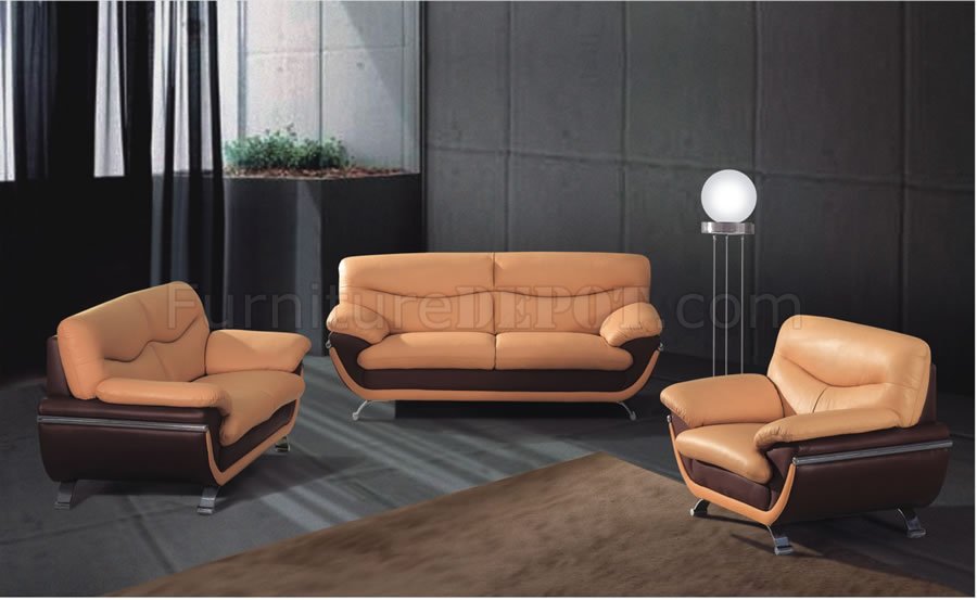 3 Piece Beige and Brown Two-Tone Leather Living Room Set - Click Image to Close