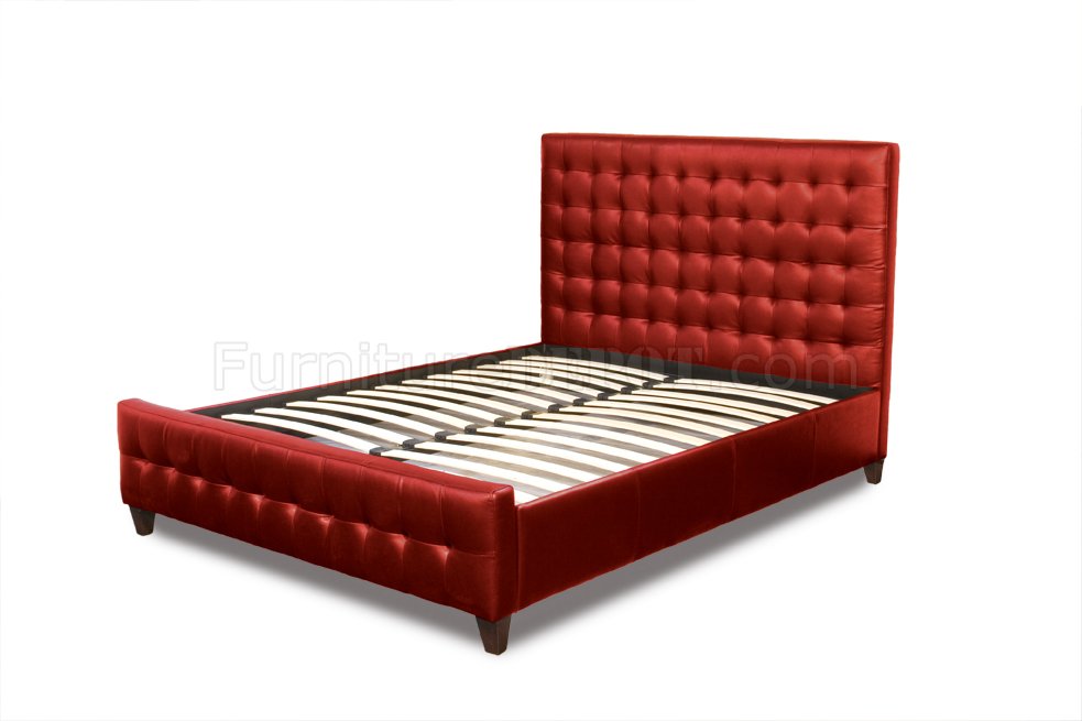 Red Bonded Leather Modern Tufted Zen Bed, Bonded Leather Bed