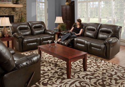 Brown Bonded Leather Modern Double Reclining Sofa & Loveseat Set