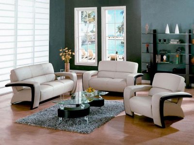 Beige Leather Modern 3Pc Living Room Set w/Espresso Wood Trim