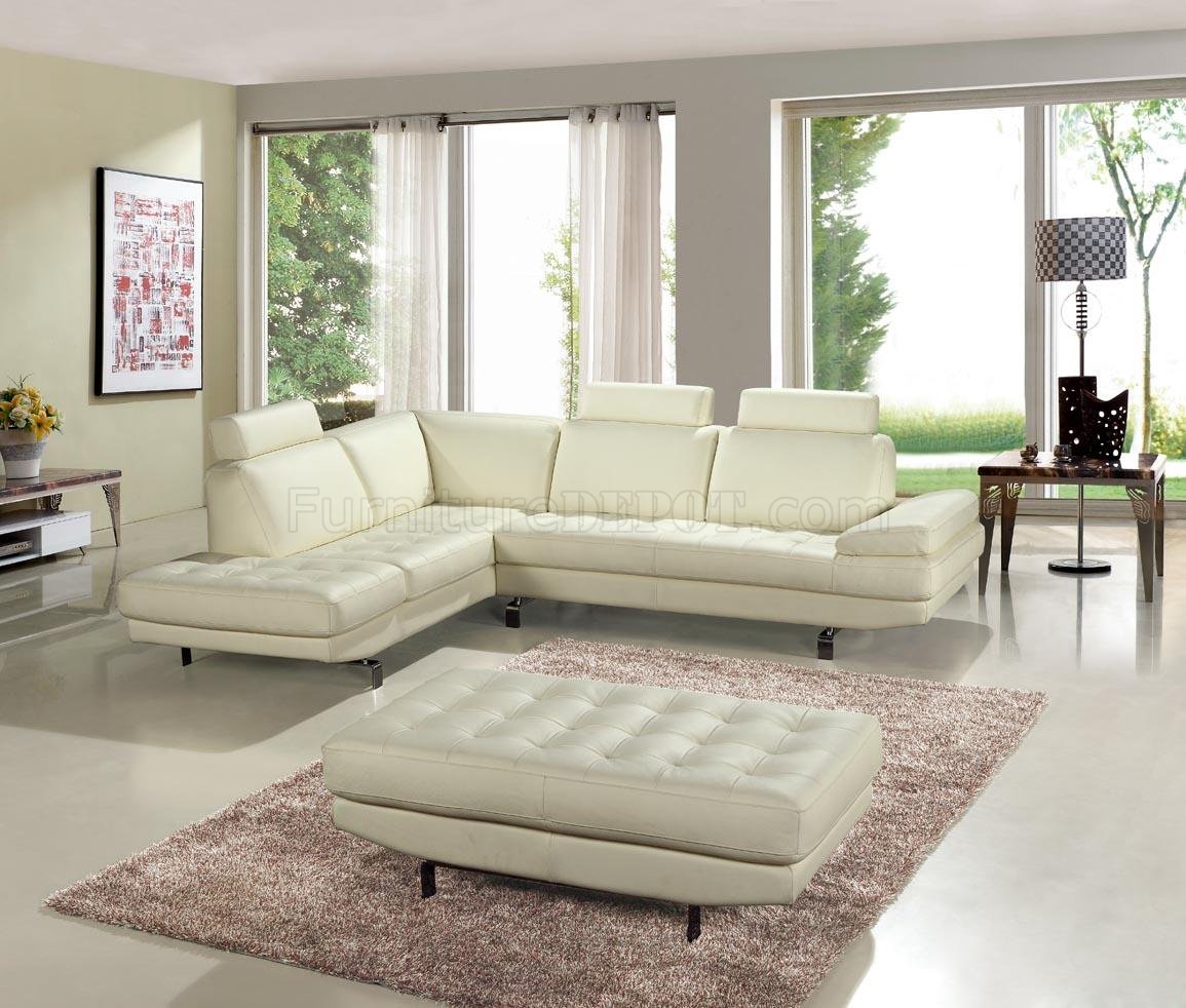 White Full Italian Leather Modern Sectional Sofa w/Ottoman